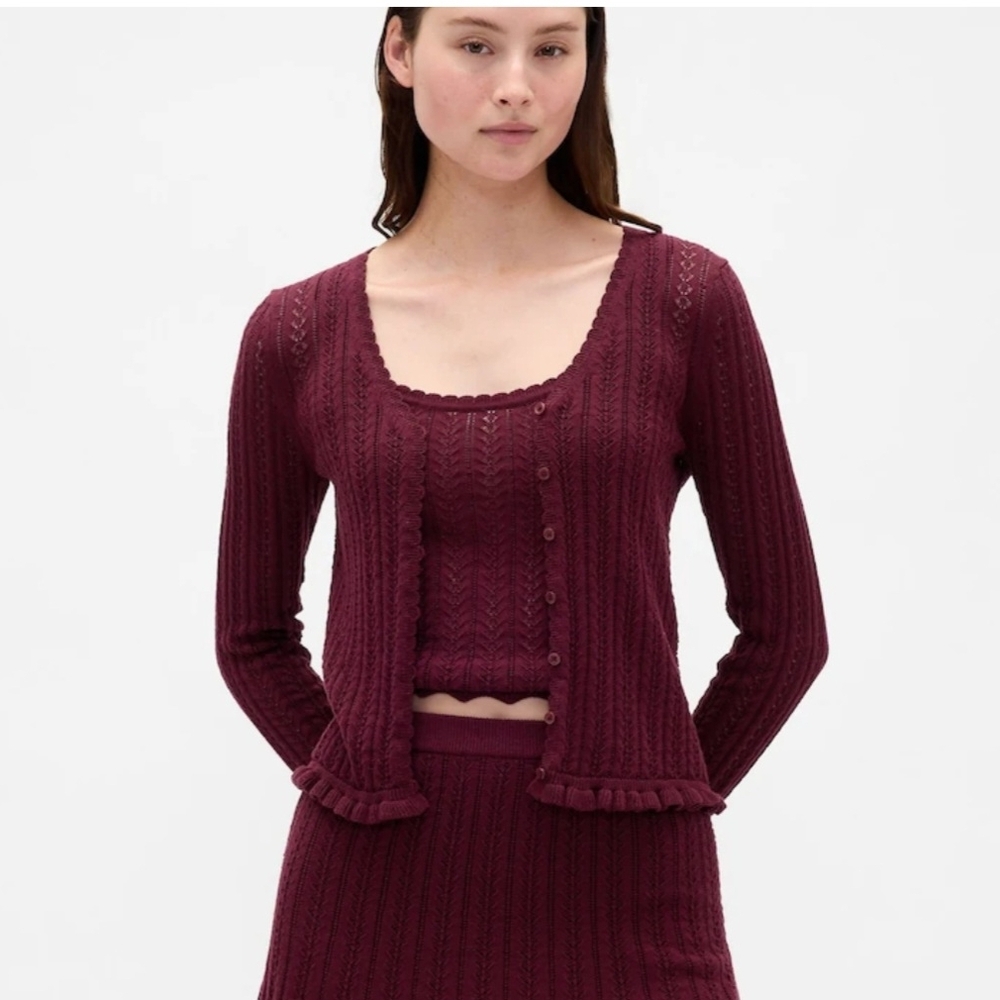 GAP Pointelle Crochet Cotton V Front Ruffle Edge CARDIGAN ONLY Wine EUC Petit XS
